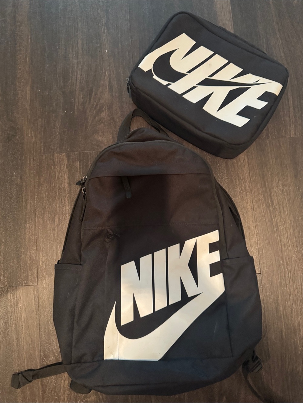 Nike Black Backpack with White Logo and Matching Pouch